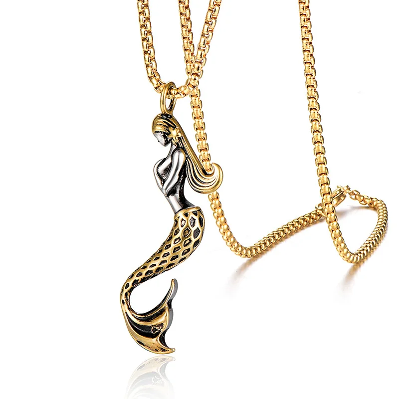

BOEYCJR Punk Titanium Mermaid Pendant Necklace Statement Chain Fashion Jewelry HipHot Necklace for Men or Women
