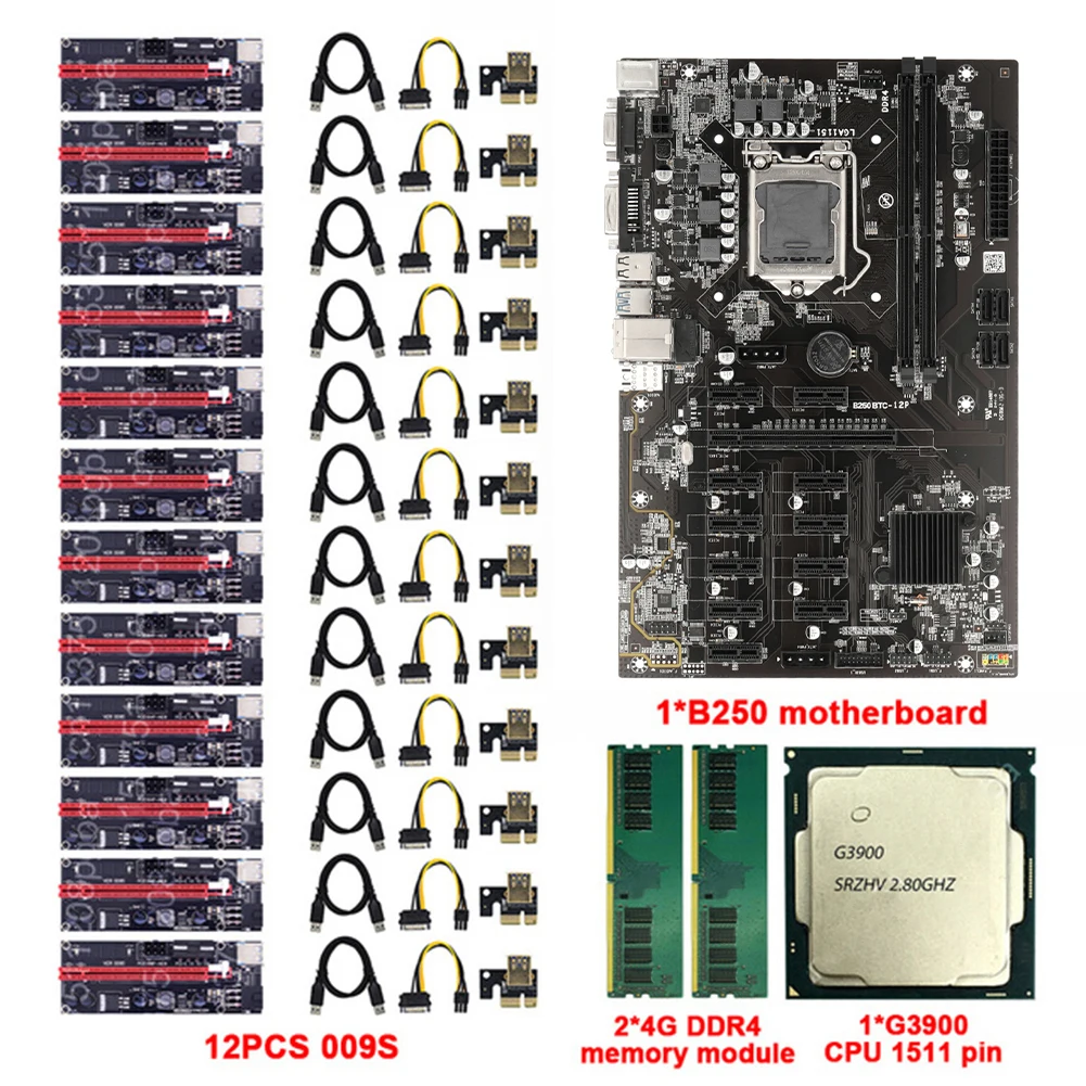 B250 BTC 12P Mining MotherboardKit G3900 CPU 2XDDR4 4G Memory12 PCI-E16X 12X009S Adapter for Bitcoin Miner New 2021 | Компьютеры и