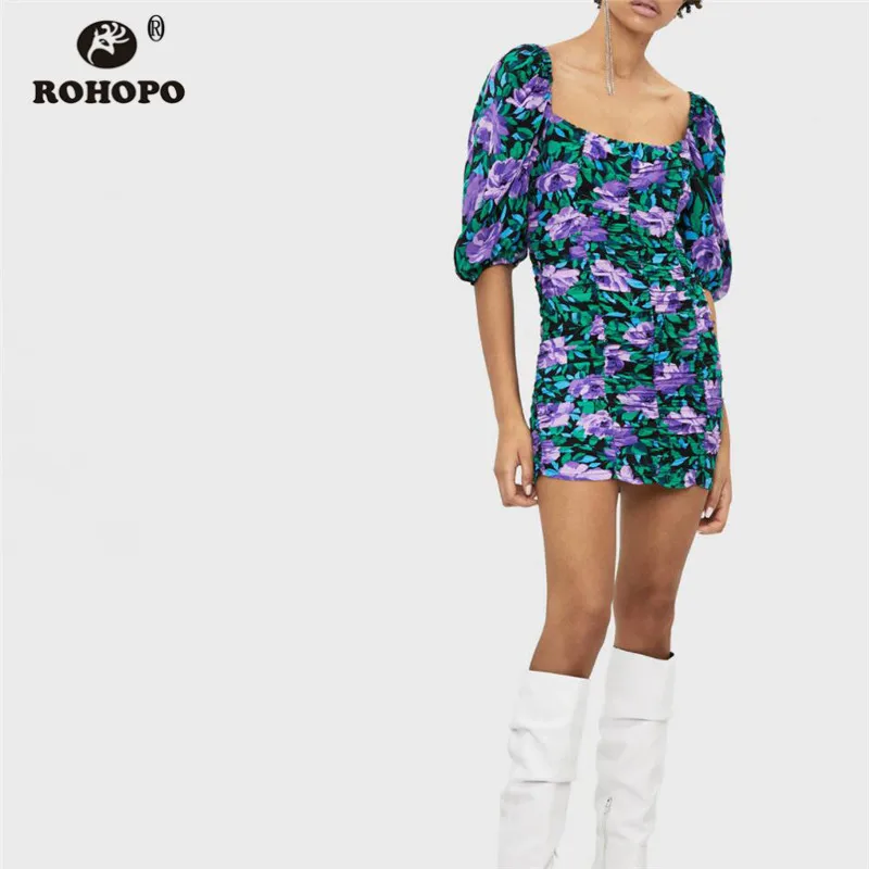 ROHOPO мини-платье с квадратным воротником и цветочным рисунком, с драпировкой, на молнии сзади, облегающее, сексуальные, вечерние, с принтом, Vestido#9587