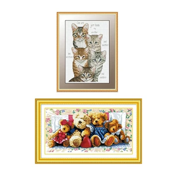 

2 Set DIY Hand-Woven Cross Stitch Suit Embroidery Suit Cross Stitch Home Decoration, Bear Family & 5 Kitten