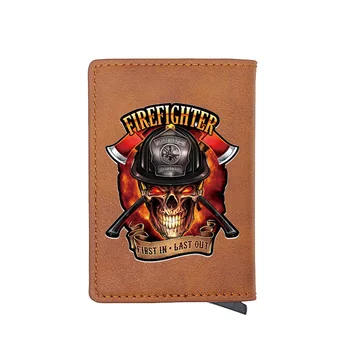 

Brown Fashion Firemen Skull Pattern Digital Printing Leather Card Holder Wallet Men Women Casual Short Purse Gift