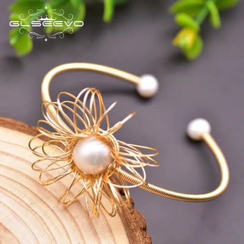 

GLSEEVO Handmade Flower Pearls Cuff Bangles&Bracelet Fresh Water Pearls For Women Party Girls Engagement Bohemia Jewelry GB0217