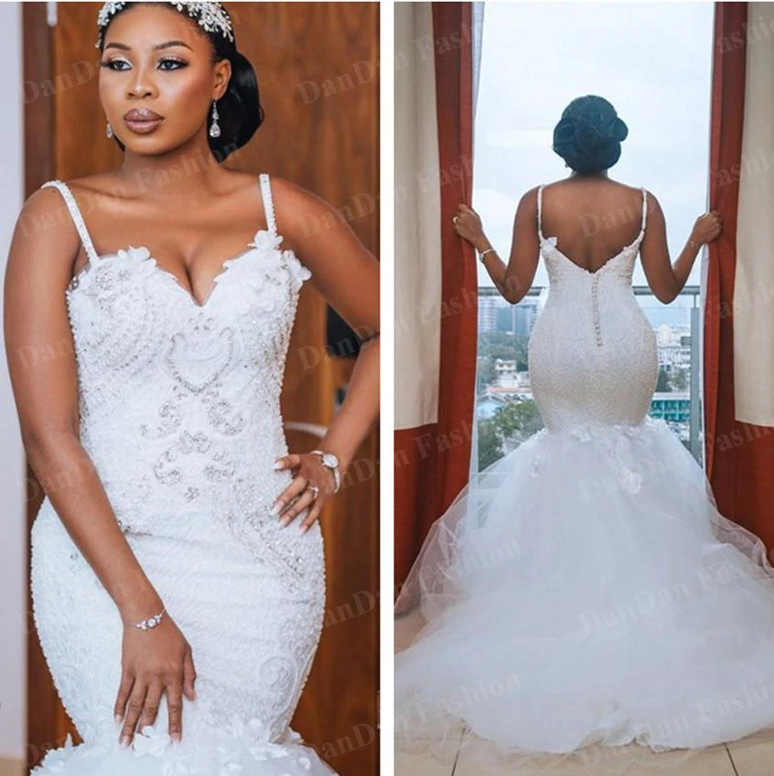 

African Plus Size Wedding Dresses 2021 robe de mariee Mermaid Bridal Gowns Sexy Spaghetti Open Back Crystal Lace Handmade