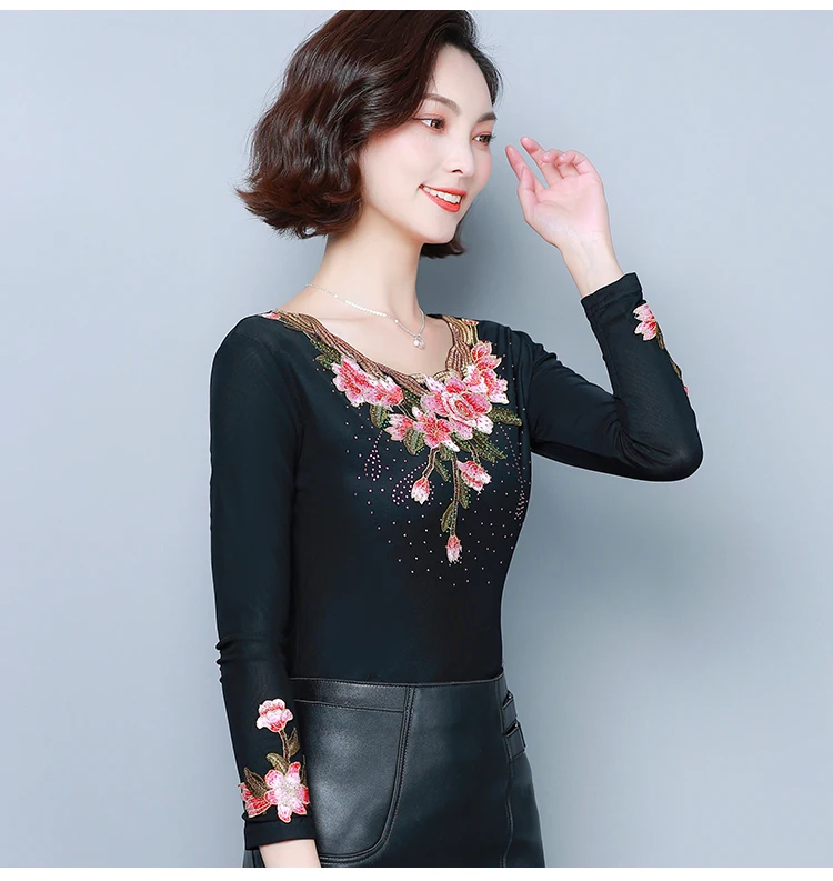 Camisas mujer осенне-зимняя кружевная рубашка плюс бархатная плотная футболка вышитая рубашка с длинным рукавом Женские топы Футболка