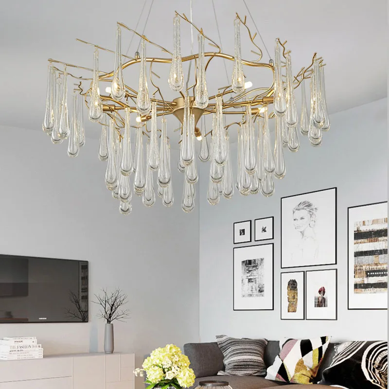 

blown glass chandelier Water dropt Pendant Drops Home Lighting Hotel LED living room decor gold iron Chandeliers Lamp