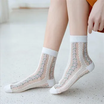 

New Vintage Funny Socks Cute Flower Women Spring Summer Silk Socks Cotton Fabric Skarpetki All-match Comfortable Ankle Socks