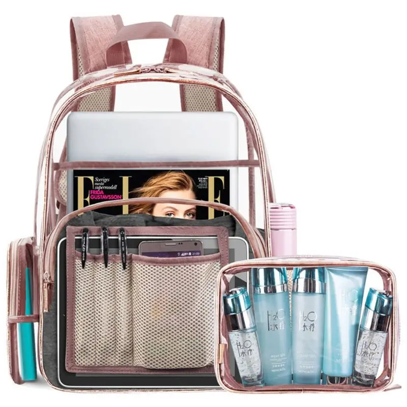 

2 in 1 Clear Backpack with Cosmetic Bag Pouch Transparent PVC School Bookbag Laptop Rucksack for Women Girls
