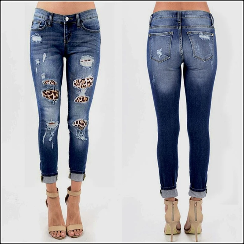 

Female Stretch Ripped Navy Blue Skinny Jeans Sexy Leopard Destroyed Hole Patchwork Slim Washed Denim Pants Casual Pencil Trouser