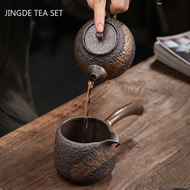 Japán Stílusú Durva Fazekas Teáskanna Ében Oldalsó Fogantyú Tea Edény Arany Lron Máz Tisztességes Kupa Kézzel Készített Szertartás 240 Ml - Image 4