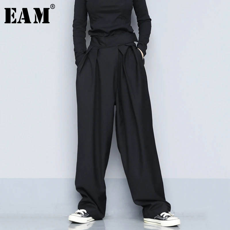 Wide Leg-Trousers Fit-Pants Pleated Black High-Waist Women Fashion EAM Loose Tide Autumn