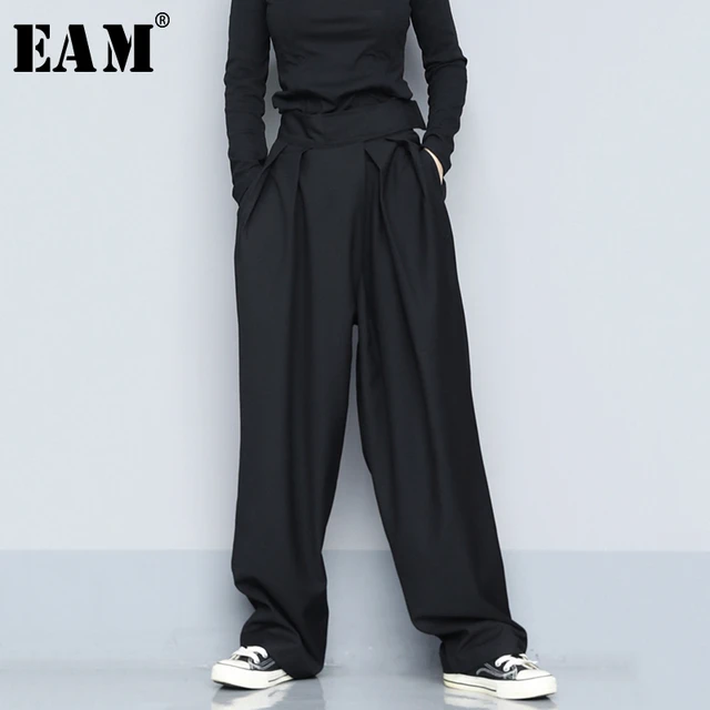 High Waist Black Brief Pleated Long Wide Leg Trousers Loose Fit Pants Women Fashion Tide Spring Autumn