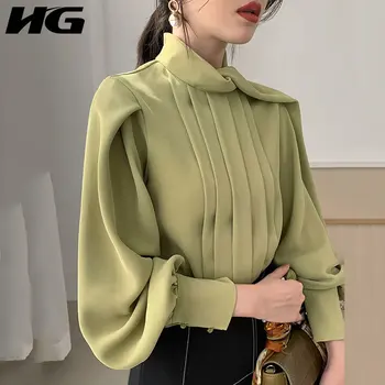 

HG Elegant Vintage Women Shirts Stand Collar Lantern Sleeve Womens Tops and Blouses Fashion Loose Wild Women Clothes ZLL4723