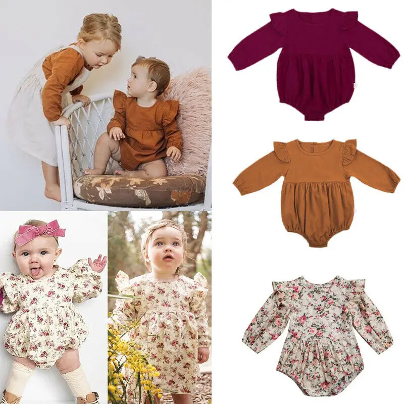 

Goocheer 3m - 3Years Solid Cotton Baby Autumn Rompers Vintage Baby Girl Romper Long Sleeve Baby Clothes