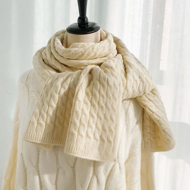Kitted Long Winter Scarves For Women Scarf Blanket Cashmere Soft Shawl Hand knitting Scarf Solid Color Thicken Warm Scarf Girls - Цвет: beige