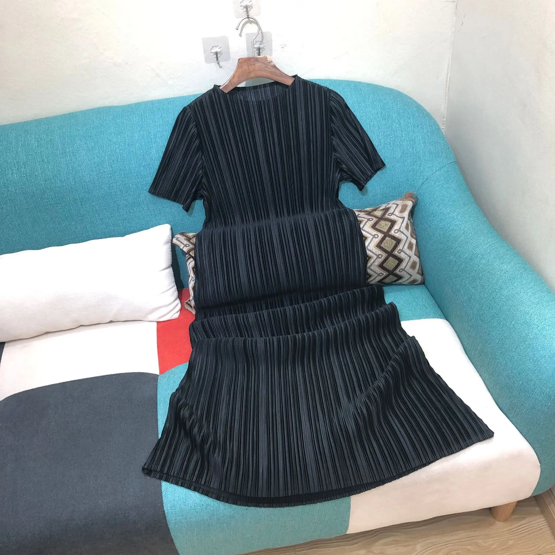 Плиссированное Платье MIYAKE плиссированная ткань с коротким рукавом длинное платье круглый воротник прямые платья Летние