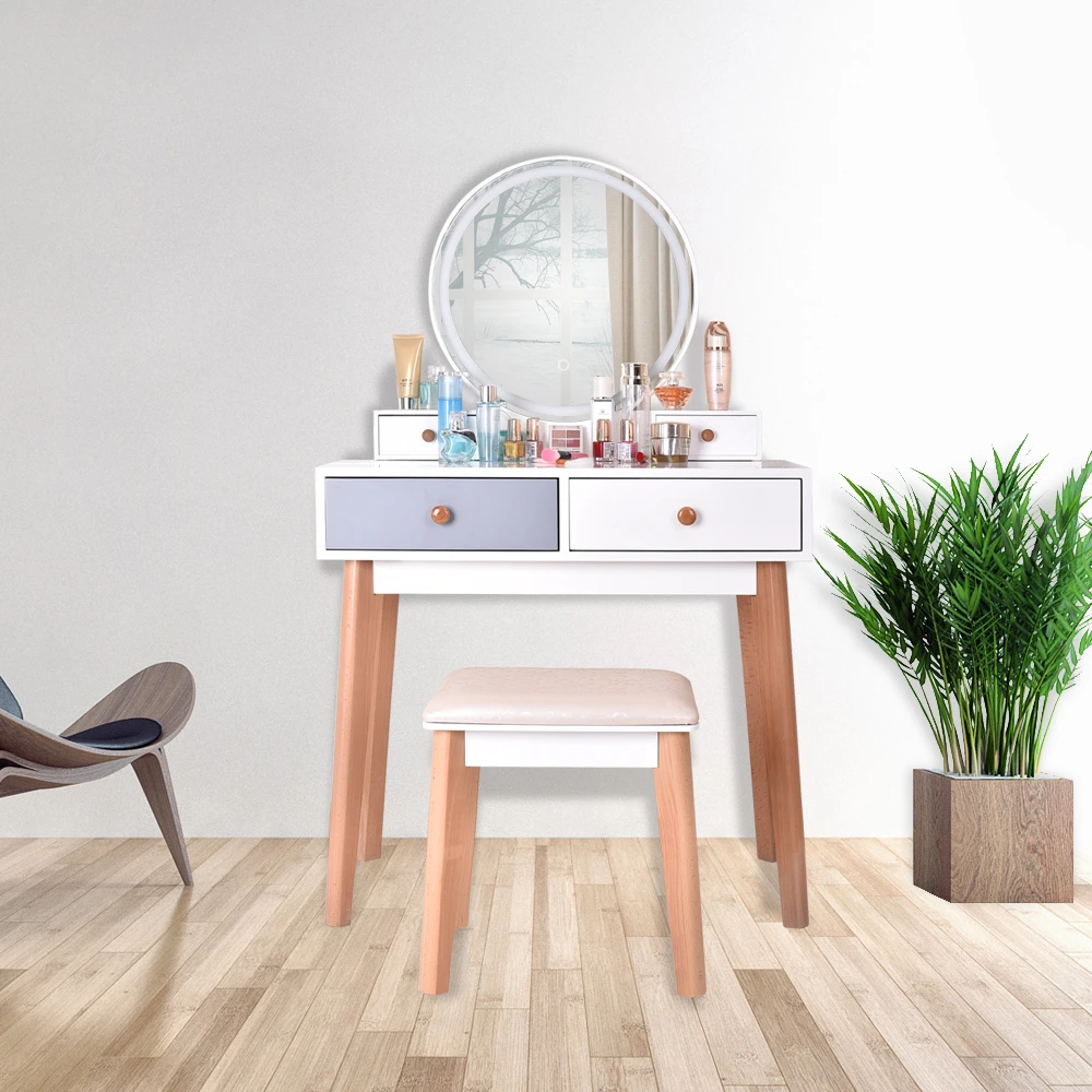 

Simple Solid Color Bedroom Real Wood Dressing Table Assembled Makeup Table With Lamp Three Color Adjustable