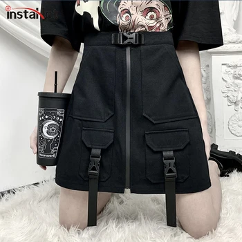 

InstaHot Zip High Waist Skirt Pocket Cargo Buckle Sashes A-line Skirt Women Streetwear Casual Gothic Preppy Style Mini Skirts