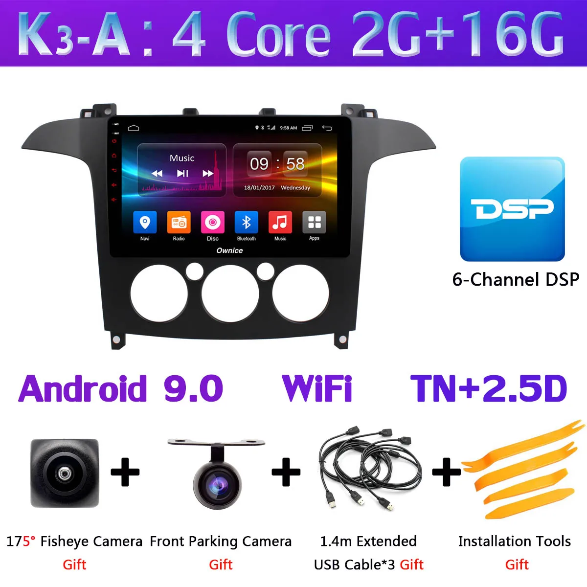 360 ° камера 4G SIM Android 9,0 4G+ 64G gps Navi Радио CarPlay SPDIF DSP Автомобильный плеер стерео для Ford S-Max S Max 2007-2008 AT/MT - Цвет: K3-A