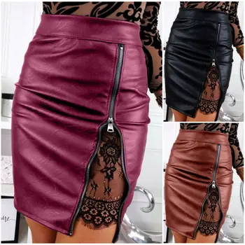 

Winter Fashion Womens High Waisted PU Leather Zipper Plain Split Lace Bodycon Tube A-Line Mini Skirt Clothing