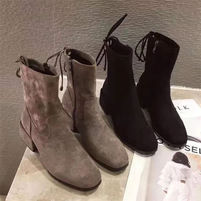 LZJ Women Autumn Winter Flock Mid-calf Boots Side zipper Round Toe Square Heel Solid Casual Black/Khaki women Booties