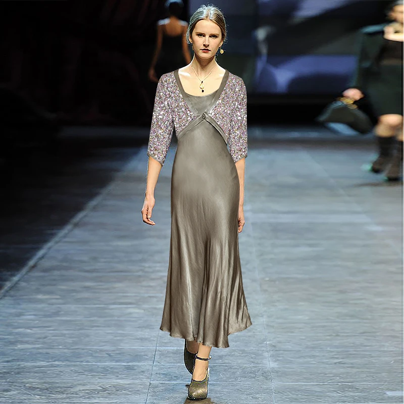 

2020 New Fashion Luxury High Quality Runway Silk Dress Sequins Cape Two Piece Women Long sleeve Sexy V-neck party dress vestidos