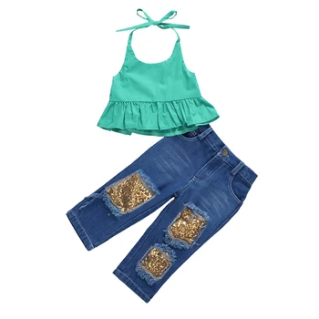

2020 Summer Fashion Toddler Baby Girls Clothes Sets Green Sleeveless Ruffle Vest Tops+Sequins Patchwork Denim Pants Outfit
