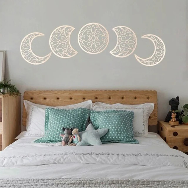 5pcs Moon Phase Wall Hanging Northern Europe Wall Hanging  Wooden Decoration Accessories DIY Bedroom Wall Decor Crafts Ornament Wood color