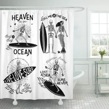 

Colorful Skull Skeleton Surfer and Mermaid Surf Surfboard Tropical Shower Curtain Waterproof Polyester Fabric 60 x 72 Inches