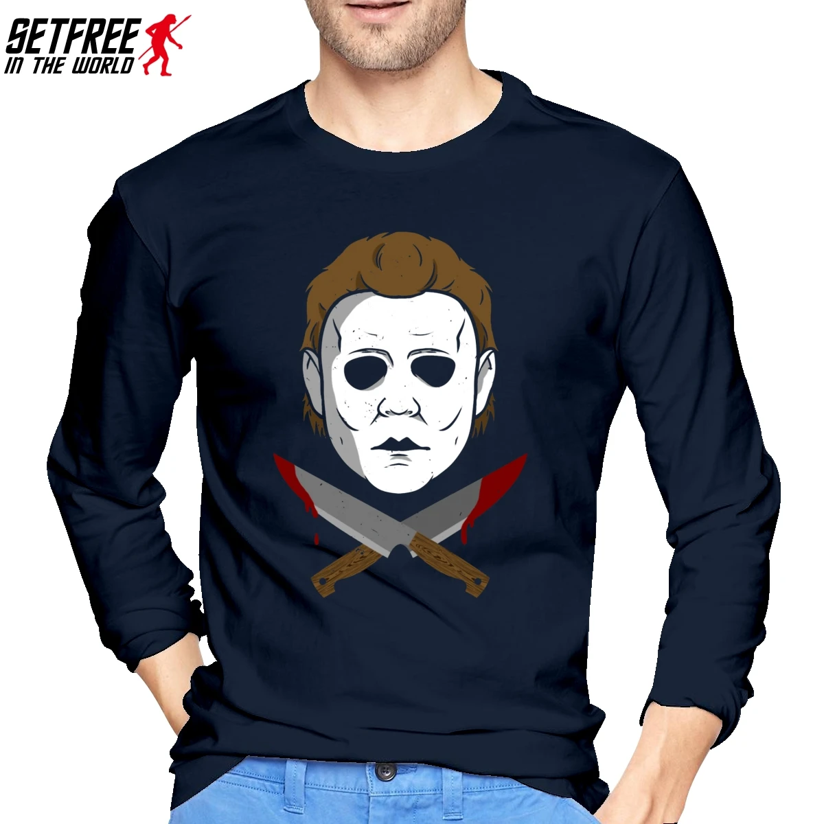 Jolly Myers Slasher фильм ужасов футболка с круглым вырезом хлопок с длинным рукавом мужская рубашка - Цвет: Тёмно-синий
