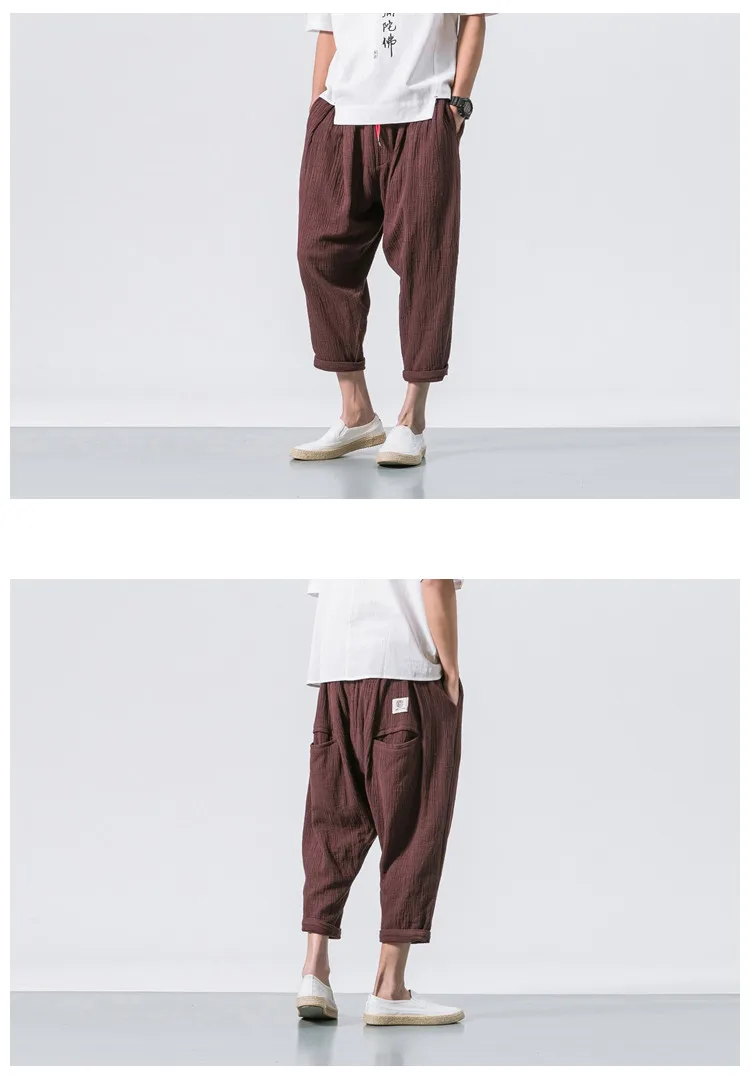 JDDTON New Men Summer Cotton Linen Harem Pants Fashion Low Gear Baggy Casual Loose Cropped Pants Drawstring Male Trousers JE076 high waisted harem pants