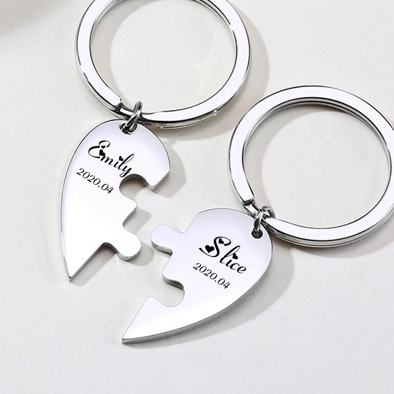 Custon Name Couple Keychain Puzzle Heart Two Pieces Set Jewelrt Personalized Stainless Steel Gift For Him Her | Украшения и