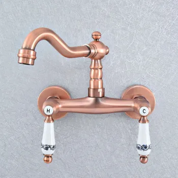 

Antique Red Copper Wall Mount Kitchen Sink Faucet Swivel Spout Mixer Tap Dual Ceramics Handles Levers asf907