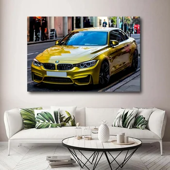 

Modern Decorative Painting Sports Car M4 Golden Yellow Car Posters and Prints Canvas Wall Art for Home Room Decor