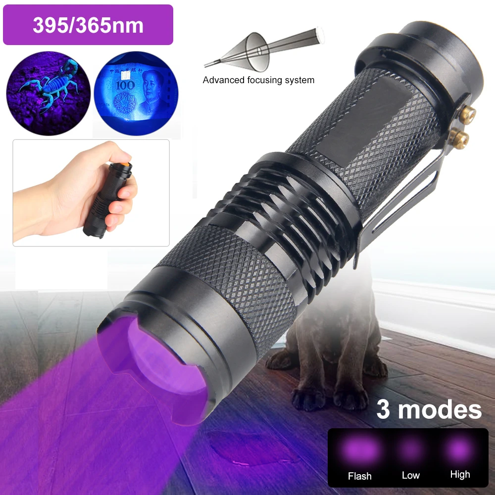 Ultra Violeta UV LED Linterna Antorcha Lámpara de inspección de luz negra 395/365nM