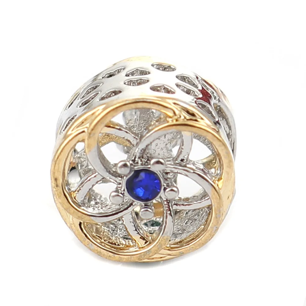 

Doreen Box Zinc Alloy European Style Large Hole Charm Beads Hollow Cylinder Flower Blue Rhinestone About 11mm( 3/8") Dia, 3 PCs