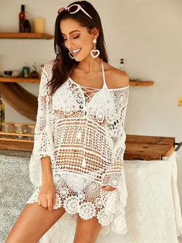 

2020 Women Crochet Black Knitted Beach Cover Up Dress Tunic Long Pareos Bikinis Cover ups Swimwear Cover up Robe Plage Beachwear