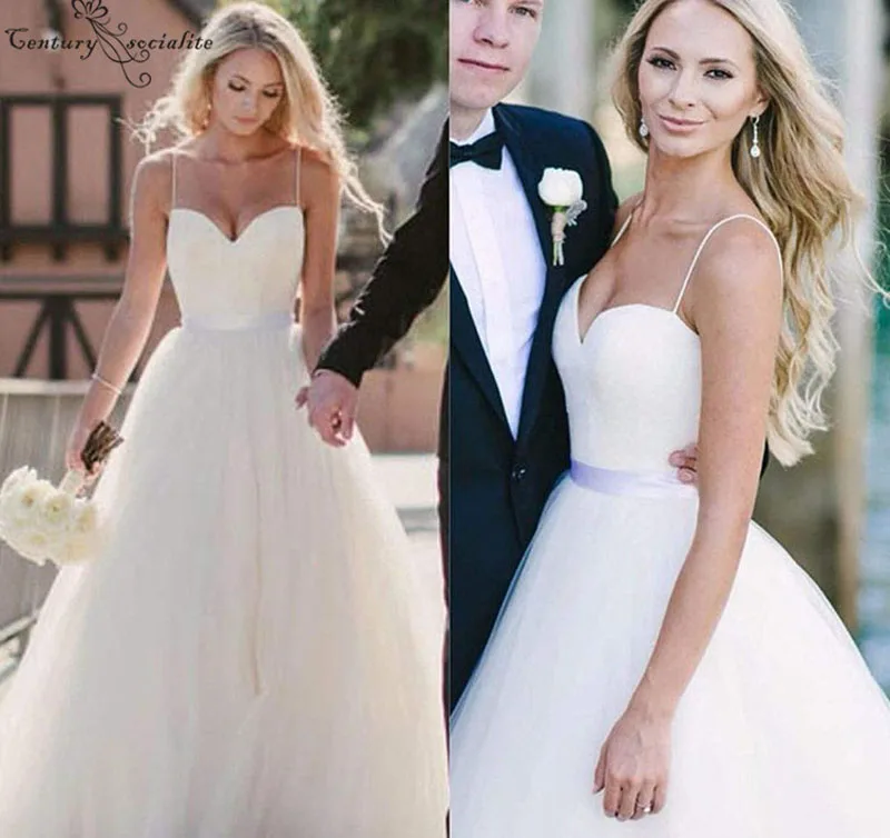 

Vestido De Noiva Beach Wedding Dresses 2020 Sweetheart Spaghetti Straps A-Line Sweep Train Simple Bridal Gowns Cheap Bride Dress