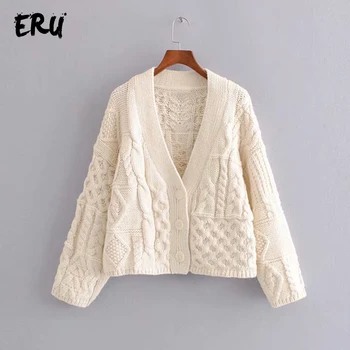 

ERU beige casual cropped cardigans sweater women winter 2019 v neck long sleeve knitted pull femme ladies cotton sweaters jumper
