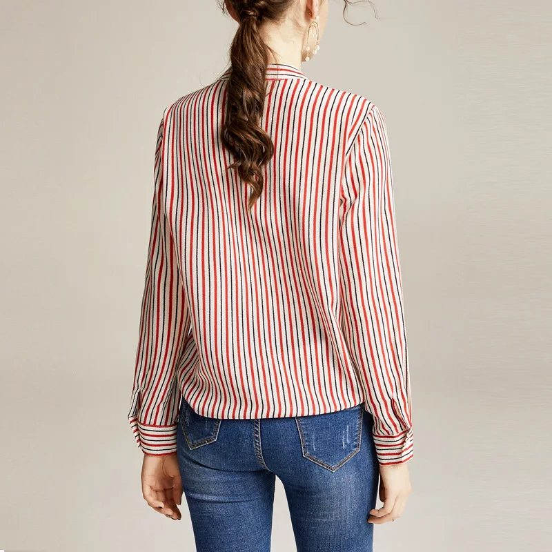 100% Natural Silk Striped Blouse 20202 Women Stand Collar Korean Top  Casual  Chiffon Blouse Blusas Mujer De Moda Woman Clothes - 4.00066E+12