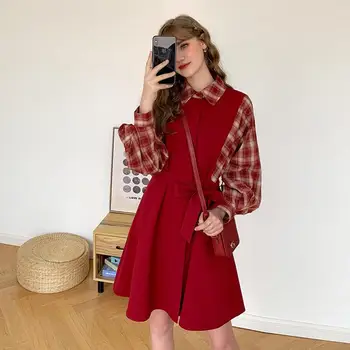

HSTAR Autumn Winter Women Dress Vintage Plaid patchwork Cotton Lantern sleeve Preppy Style Retro Sweet Cute Female dresses 2020