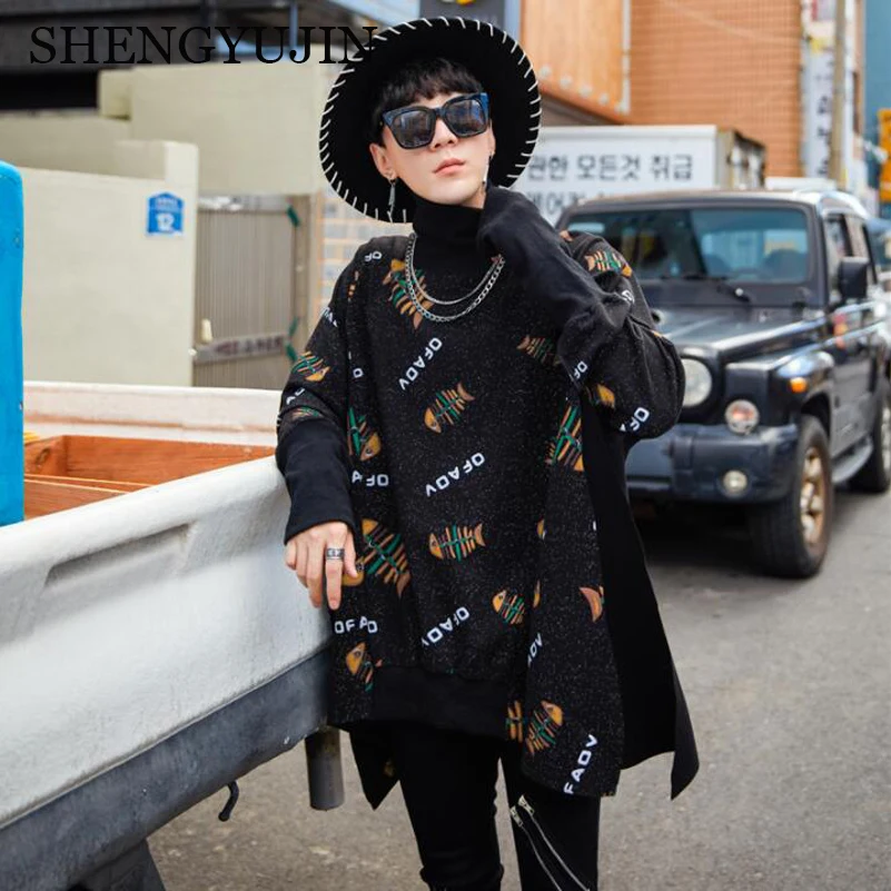 Spring and autumn loose high collar cape windbreaker men's trend printing casual jacket chic original bat sleeve cloak