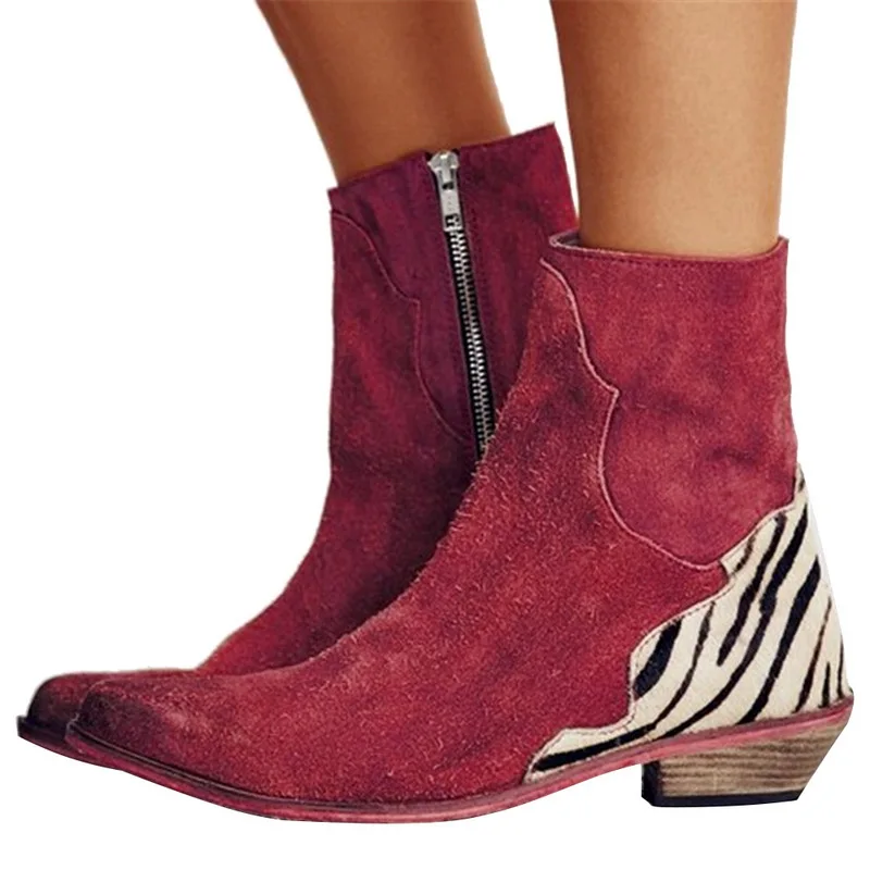 

New Women Ankle Boots Retro Pointed Toe Side Zipper Low Heels Boots Shoes Leopard Suede Leather Booties Female Casual Shoes 2019