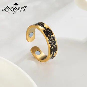 

LIKGREAT Adjustable Magnetic Ring for Women Flower Printing Stainless Steel Health Care Finger Rings Fashion Jewelry Accessories