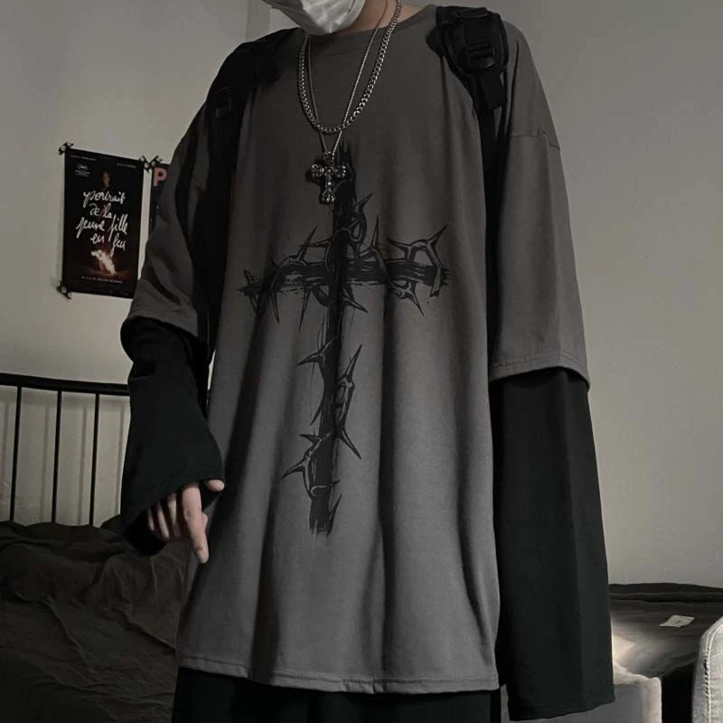 Emo Gothic Clothes Long Sleeve Oversized T-shirt Mall Goth Tops Punk Retro Streetwear TShirt Men Women Aesthetic Grunge Pullover tee shirts