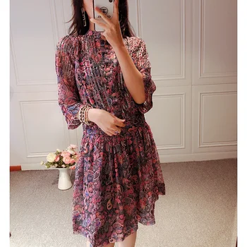 

2020 Two Piece Set Sequin Women Dress Knee-length Print Ladies Pleated Soft Vintage Ladies Holiday Short Dresses Female Clothes