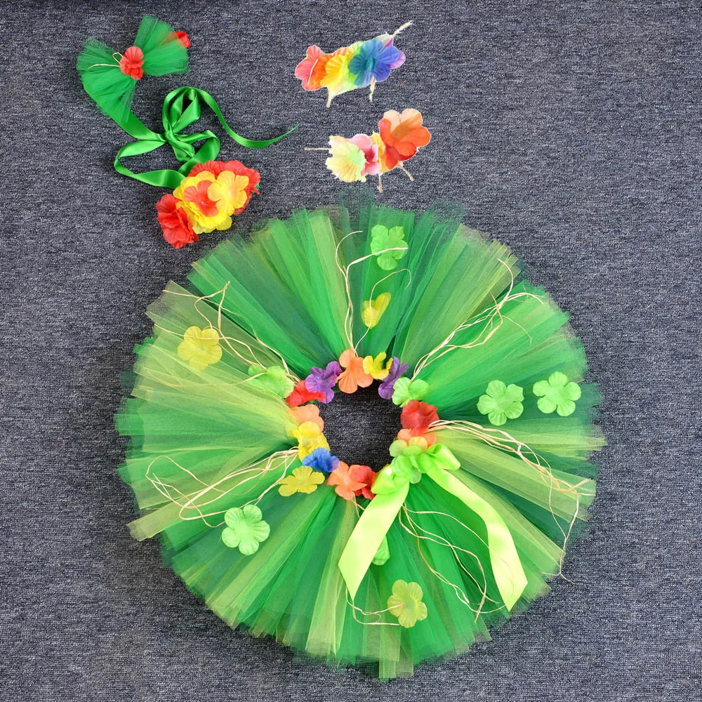 Green Baby Girls Princess Flower Skirt Kawaii Knee Length Tulle Skirt Girls Hawaiian Party Tutu Skirt Set Skirt and Top Headwear (2)