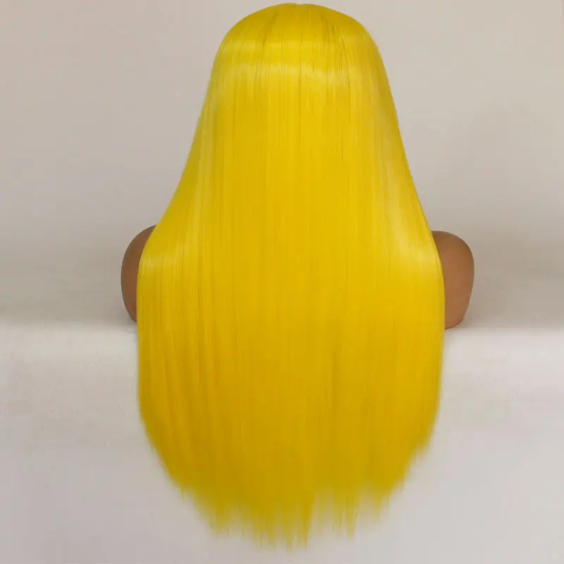 Желтый шелковистый прямой синтетический парик фронта шнурка бесклеевой термостойкие волокна средний пробор естественная линия волос для женщин девушка парик