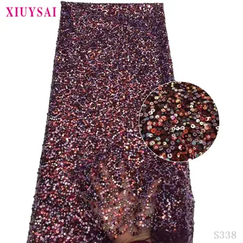 

2020 High Quality African Lace Fabric Gold , Wine French Net Embroidery Sequins Tulle Lace Fabric For Nigerian party Dress S338