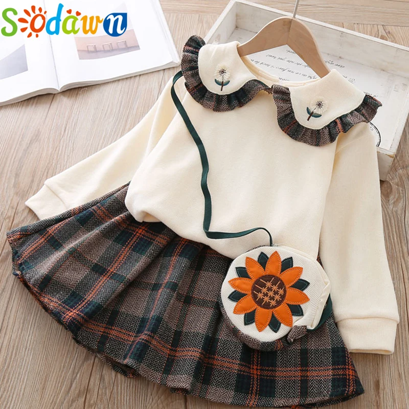 Beige Sodawn/ комплекты осенней одежды для детей Одежда для маленьких девочек модный свитер+ юбка+ сумка, комплект одежды для маленьких девочек из 3 предметов, 1-5 лет - Цвет: Beige