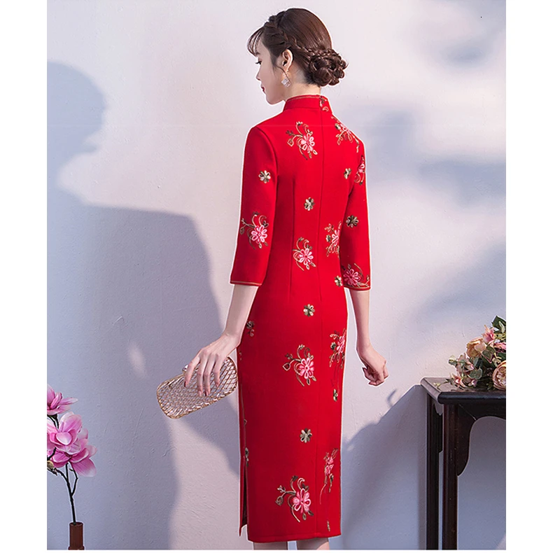 6 Color Thick Woolen Improve Cheongsam Long Evening Dress Feathers Florets Embroidery Cheongsam Long Sleeve Qipao Women Costume